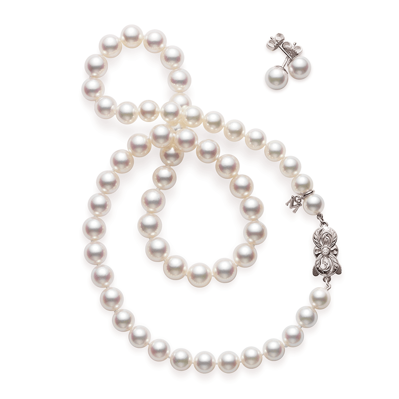 18k White Gold Pearl Necklace and Stud Set