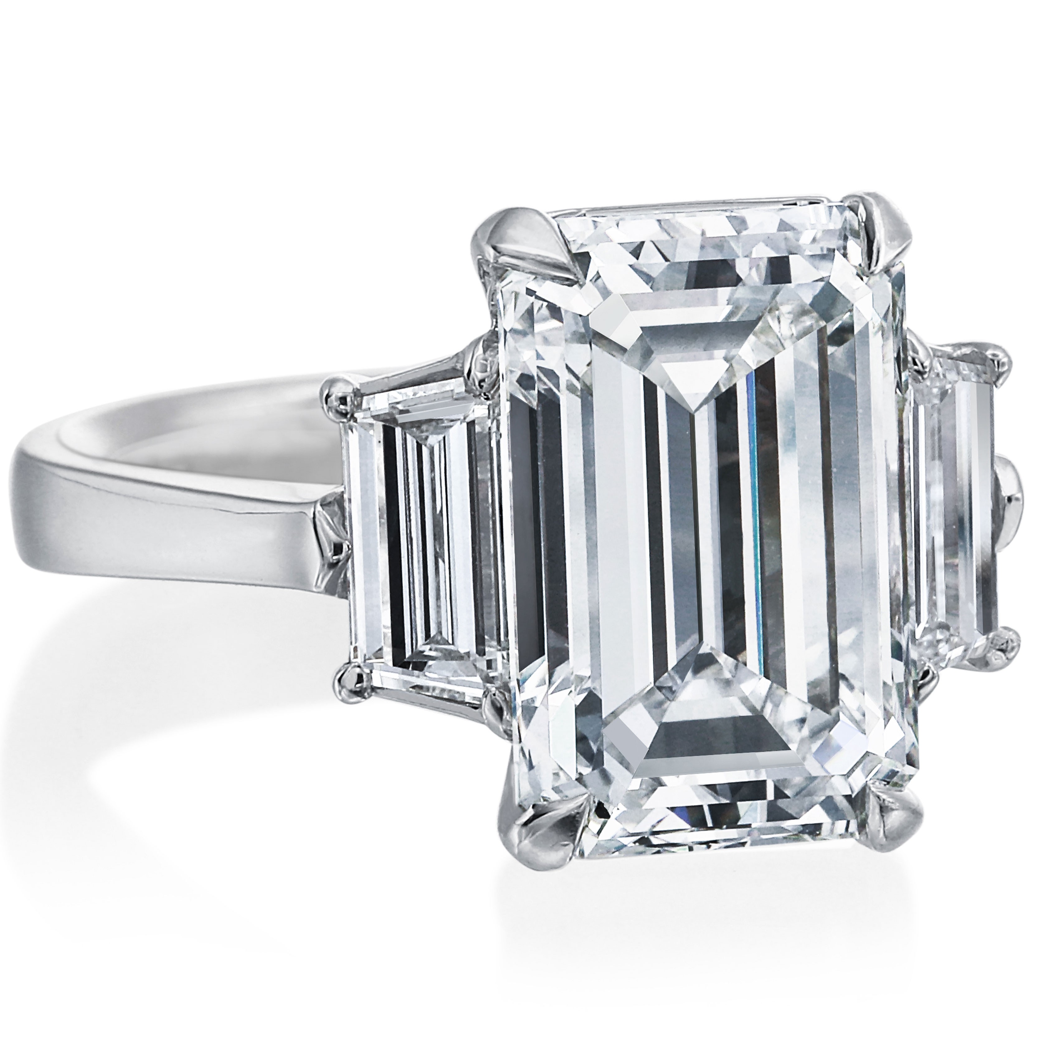 Platinum Three Stone Emerald Cut Diamond Engagement Ring