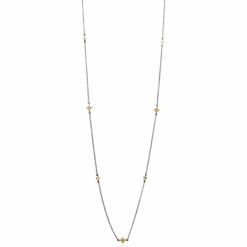 Black Silver & 14k Yellow Gold Sweet Star Station Necklace