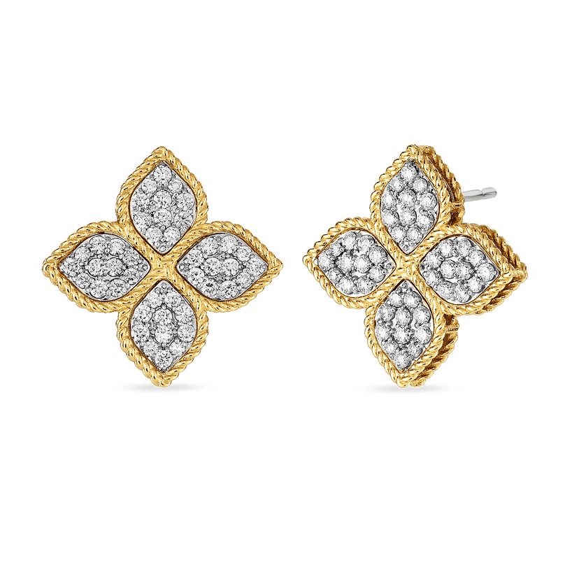 Yellow Gold Large Princess Flower Stud Earrings with Diamonds
