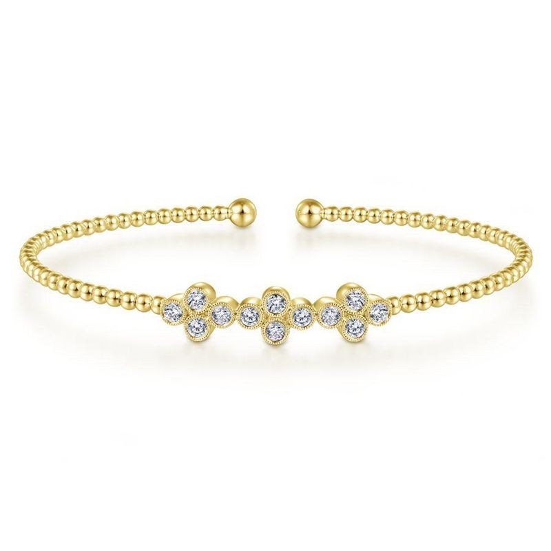 Yellow Gold Bujukan Bead Cuff Bracelet with Three Quatrefoil Diamond Stations