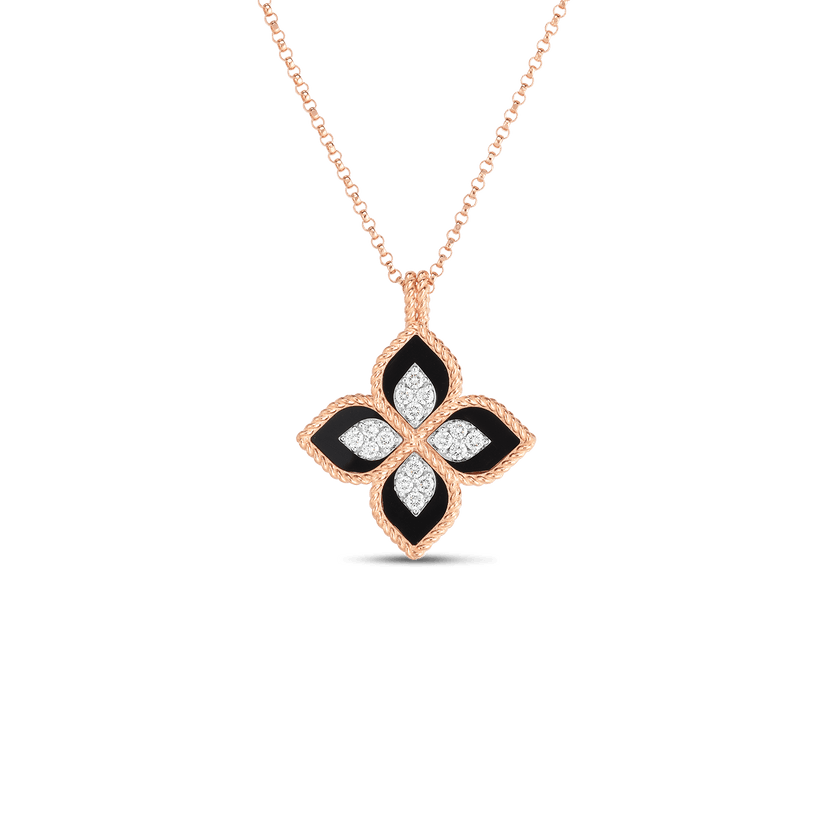 Venetian Princess Rose Gold Flower Necklace with Black Jade Diamonds