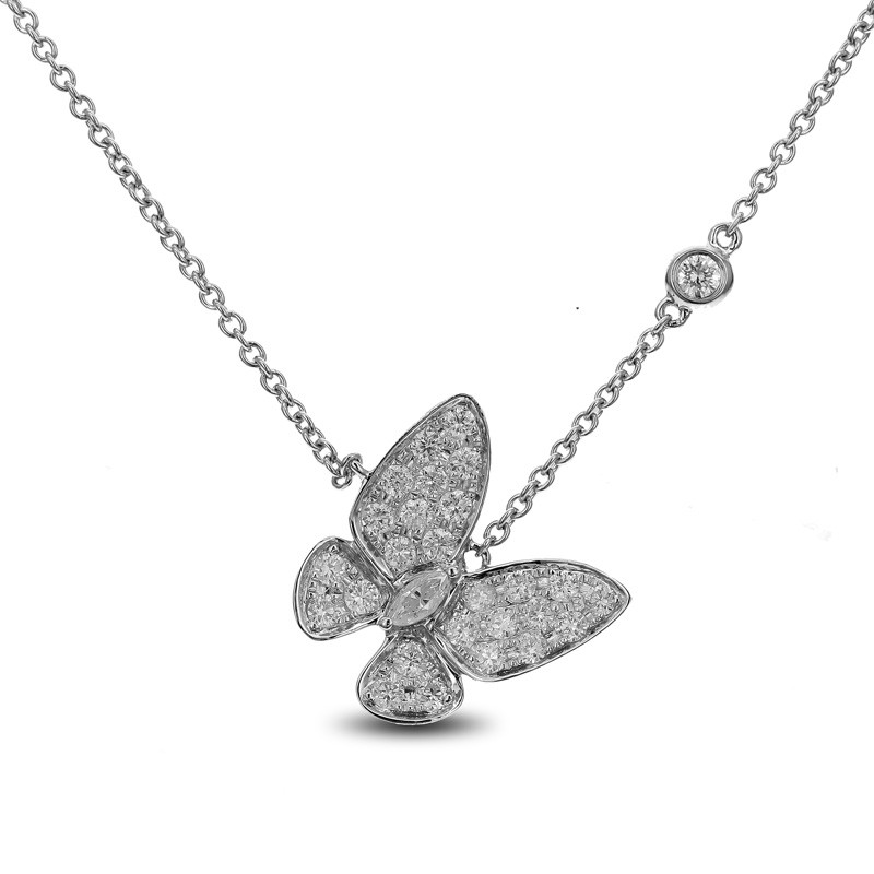 18K White Gold Diamond Sideways Butterfly Necklace