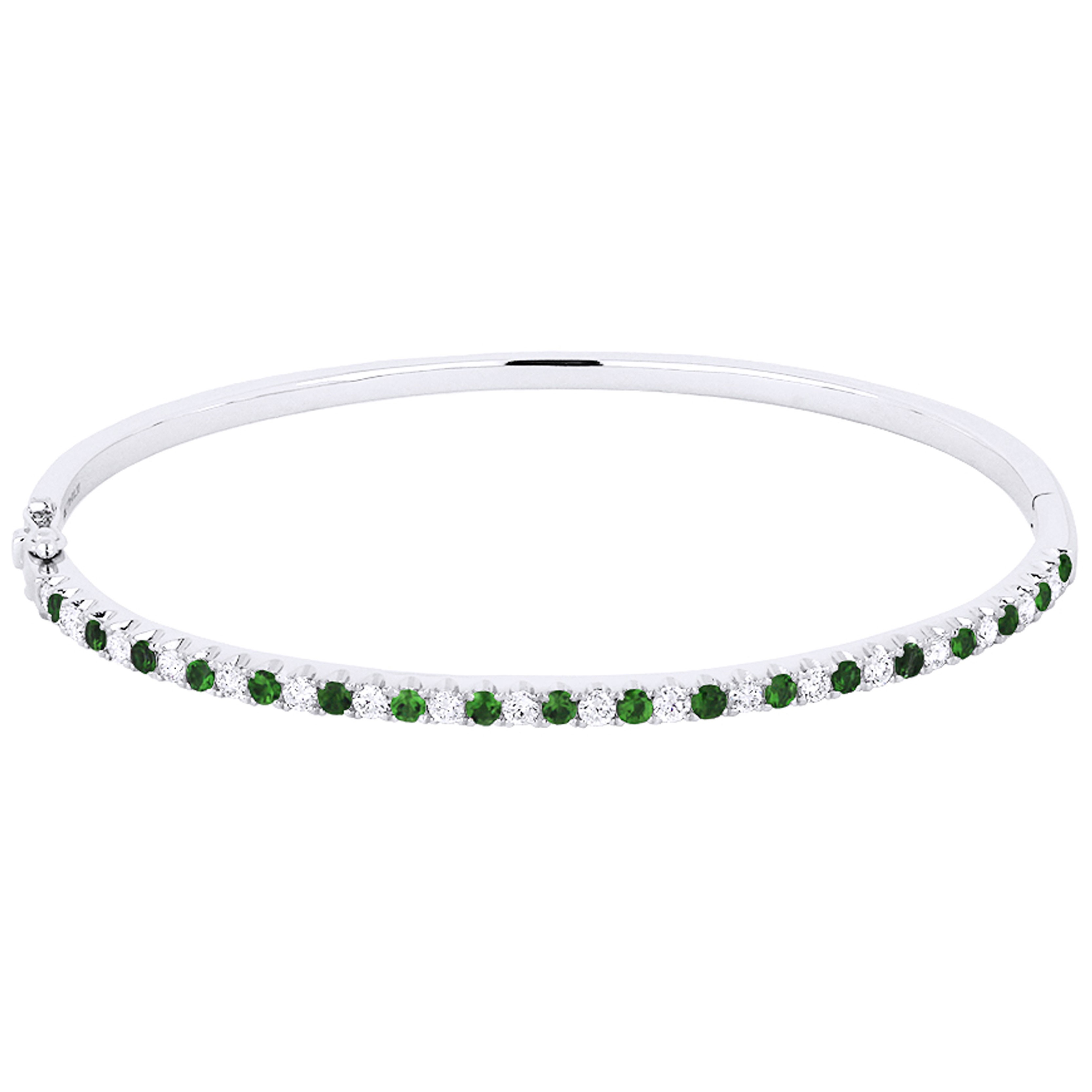 14k White Gold Round Emerald and Diamond Bangle Bracelet 