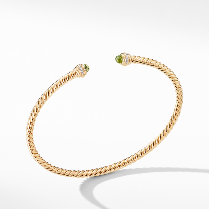 Cable Spira® Bracelet in 18K Gold with Peridot and Diamonds, 3mm