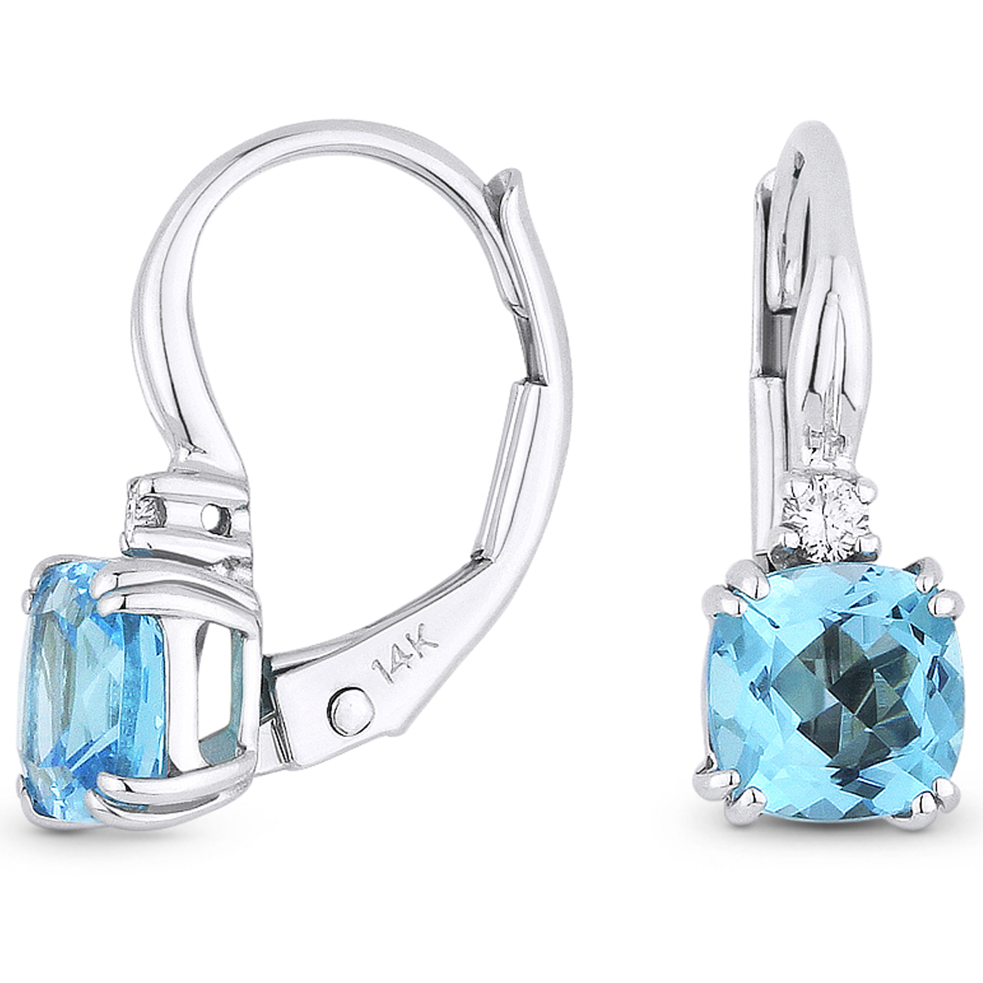 14k White Gold Blue Topaz and Diamond French Wire Earrings