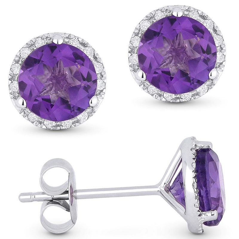 White Gold and Round Amethyst Stud Earrings