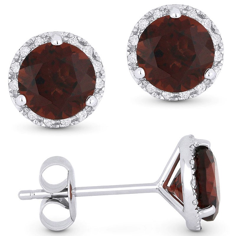 White Gold and Round Garnet Stud Earrings