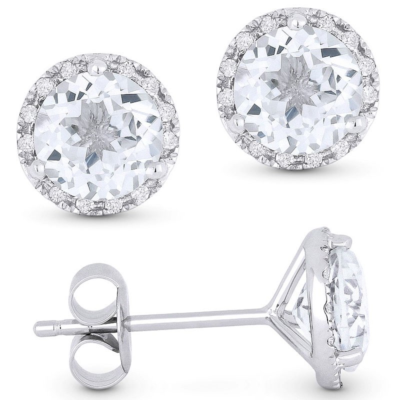 White Gold and Round White Topaz Stud Earrings