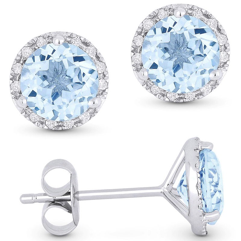 White Gold and Round Blue Topaz Stud Earrings