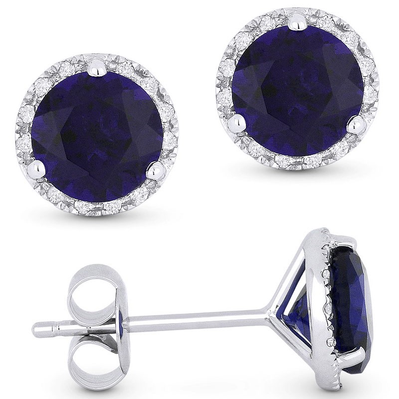 White Gold and Round Blue Corundum Stud Earrings