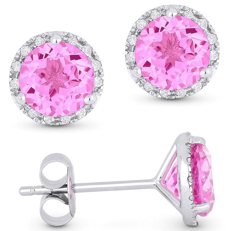 White Gold and Round Pink Corundum Stud Earrings