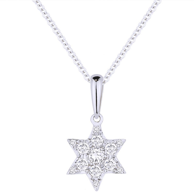 14k White Gold and Diamond Star of David Necklace
