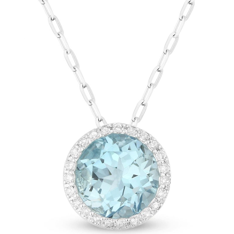 14k White Gold Necklace with Round Blue Topaz and Diamonds