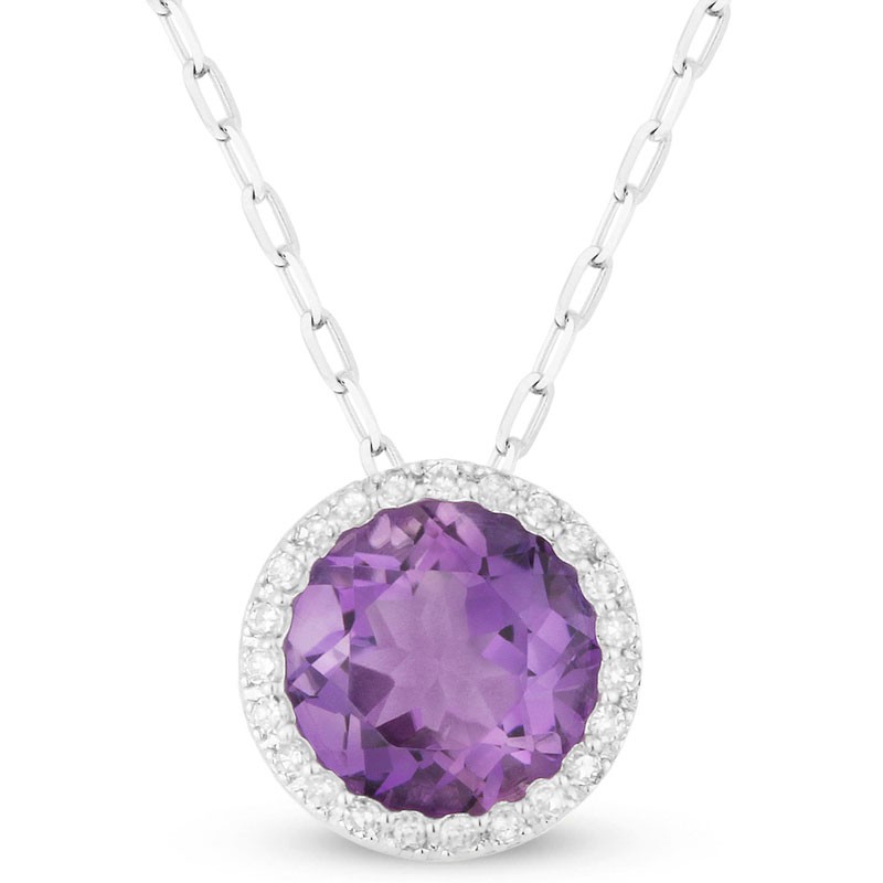 14k White Gold Necklace with Round Amethyst and Diamonds