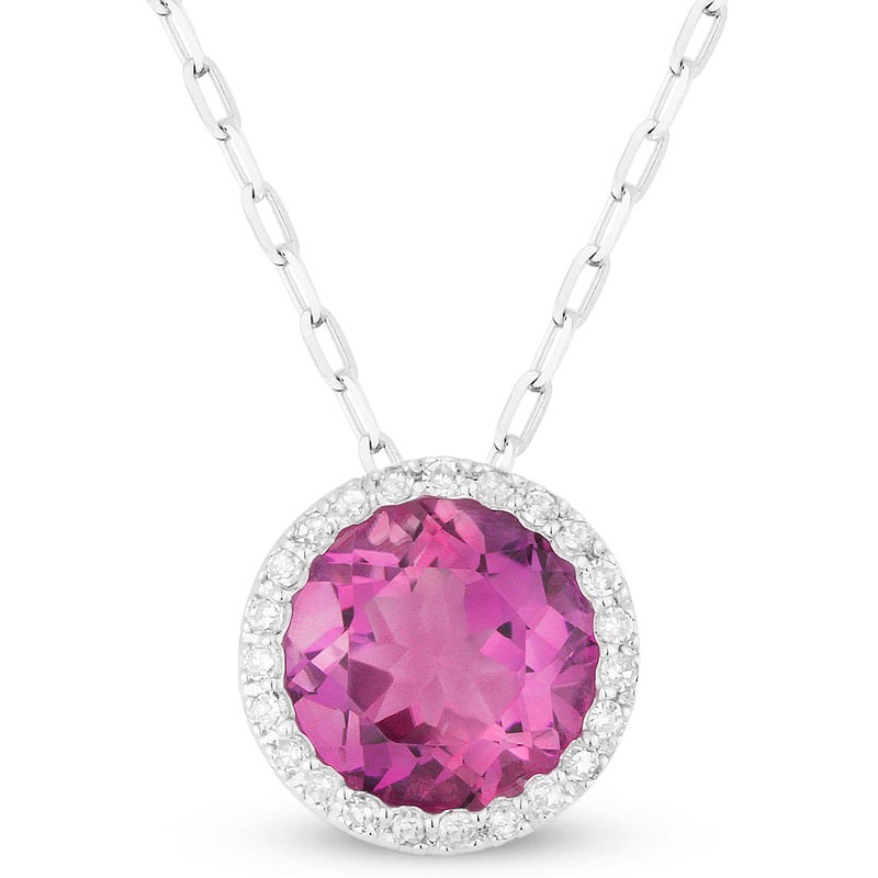 14k White Gold Necklace with Round Pink Corundum and Diamonds