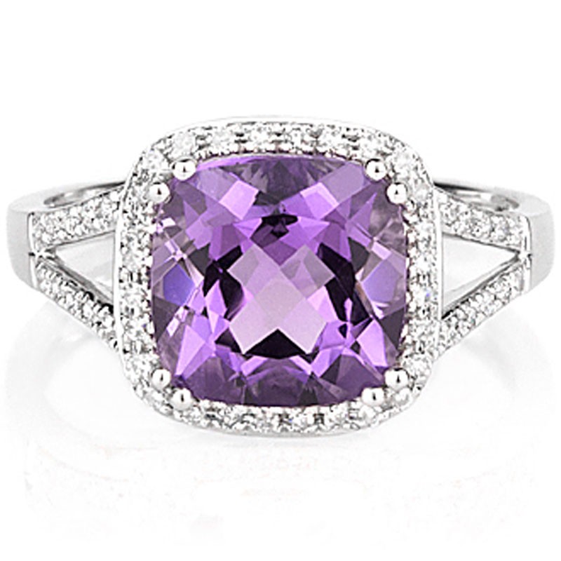 14k White Gold and Diamond Ring with Cushion Cut Amethyst