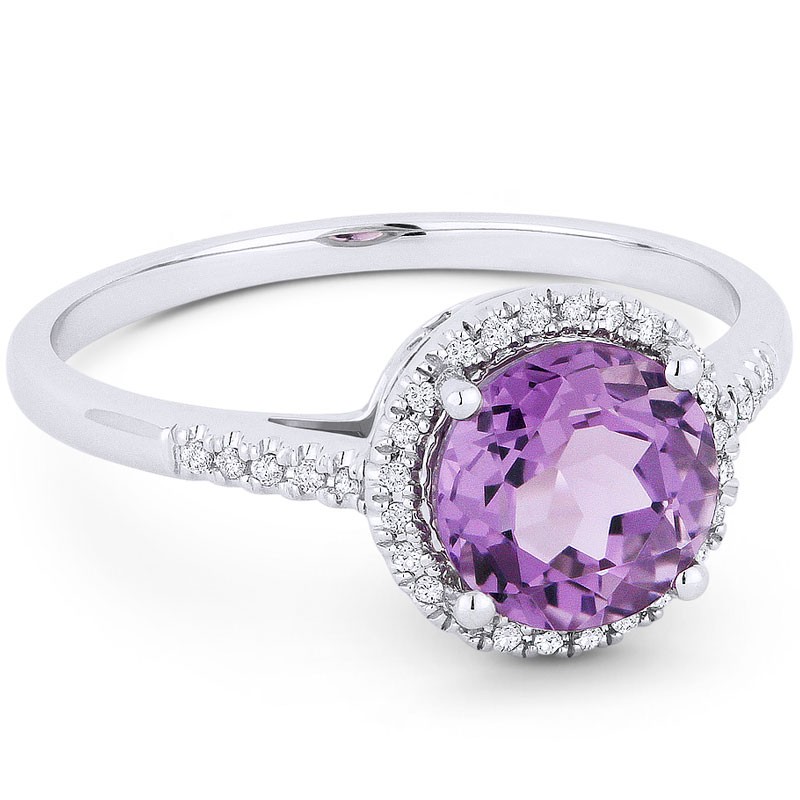 14k White Gold and Diamond Ring with Round Amethyst 