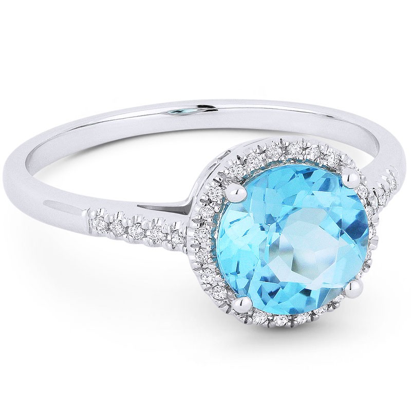 14k White Gold and Diamond Ring with Round Blue Topaz