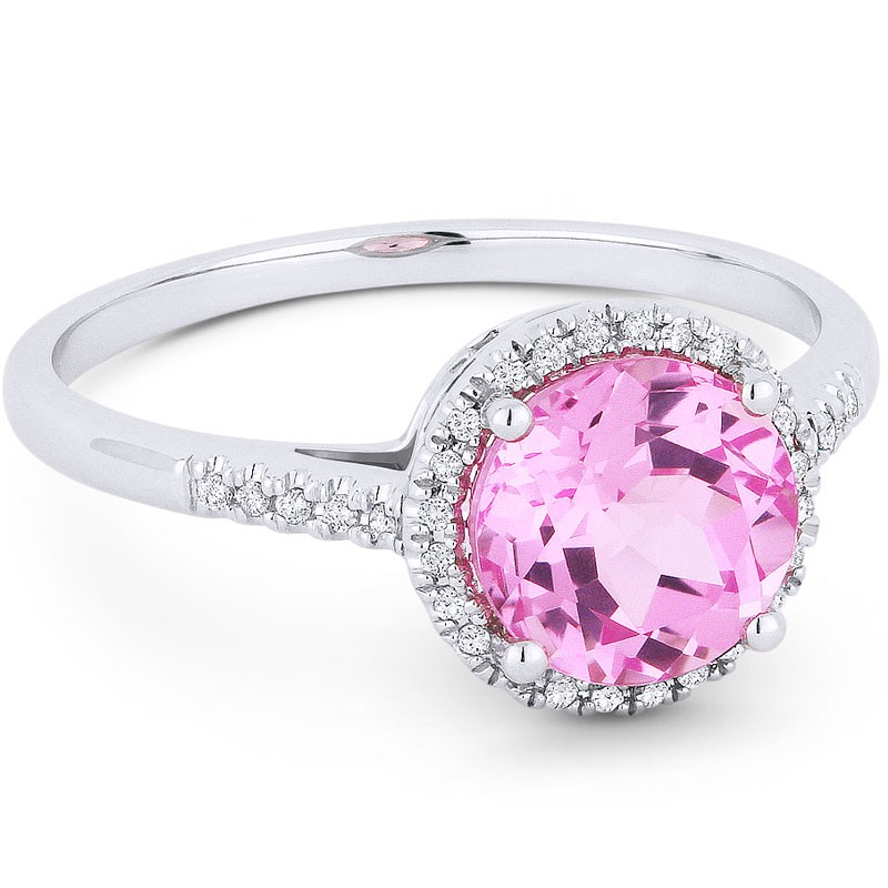 14k White Gold and Diamond Ring with Round Pink Corundum