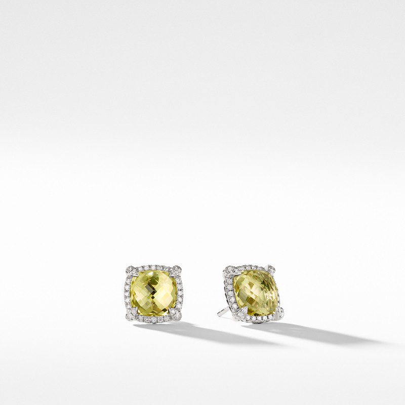 Chatelaine Pave Bezel Stud Earring with Lemon Citrine and Diamonds, 9mm