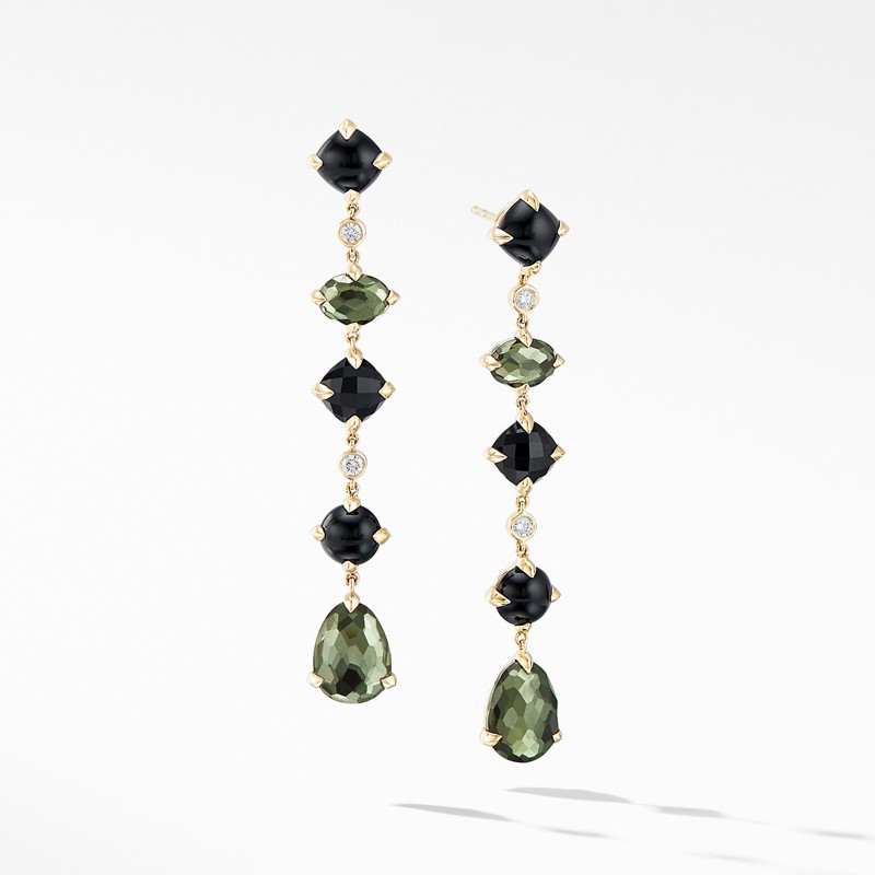 Chatelaine® Multi Drop Earrings in 18K Yellow Gold with Green Orchid, Black Onyx and Diamonds