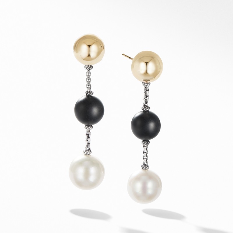 Solari XL Chain Drop Earrings with Pearl, Matte Black Onyx and 14K Yellow Gold