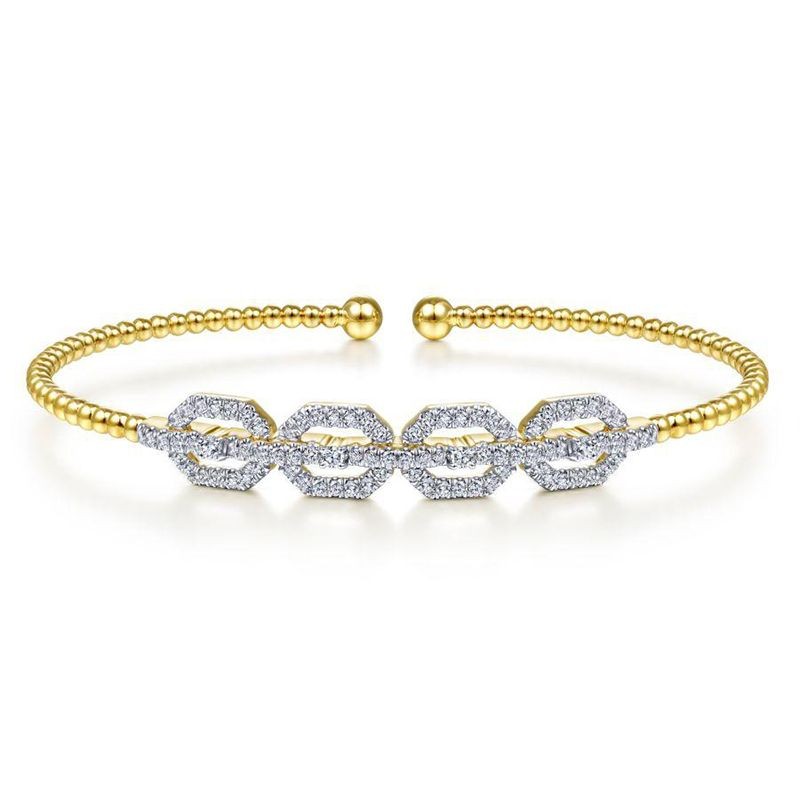 Yellow Gold Bujukan Bead Cuff Bracelet with Diamond Pave Links