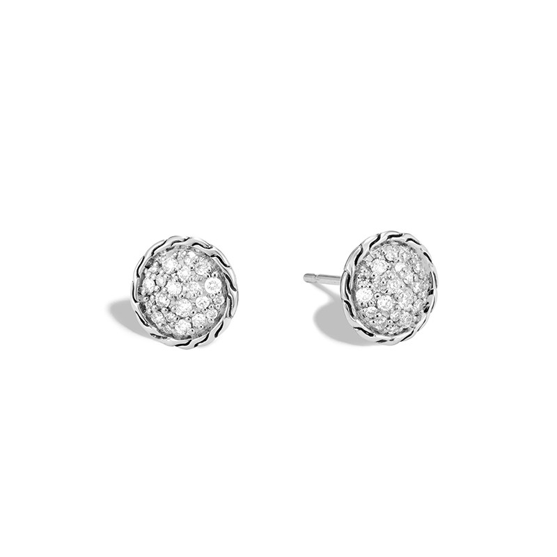 WOMEN's Classic Chain Silver Diamond Pave 10mm Round Stud Earrings