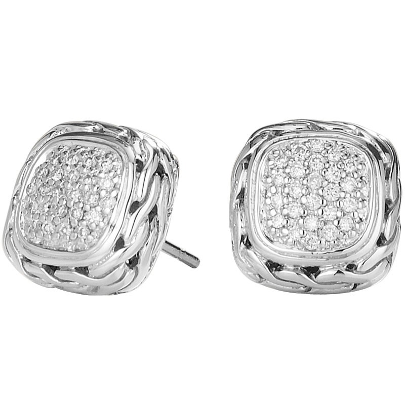 Sterling Silver and Pave Diamond Square Stud Earrings