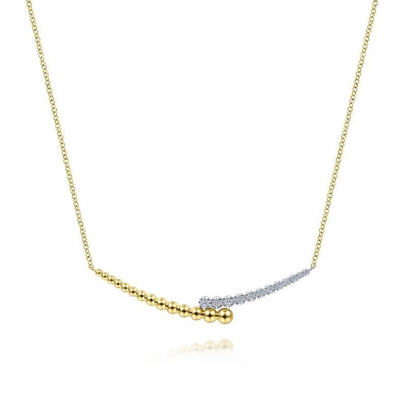 White and Yellow Gold Diamond Bujukan Bead Curved Bar Necklace