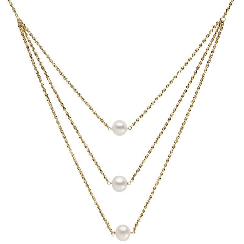 14k Yellow Gold and Pearl Triple Rope Chain Necklace