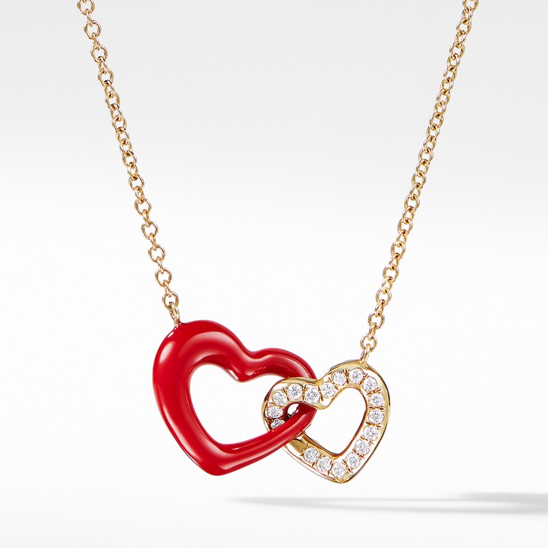 Double Heart Pendant Necklace with Diamonds, Red Enamel and 18K Gold