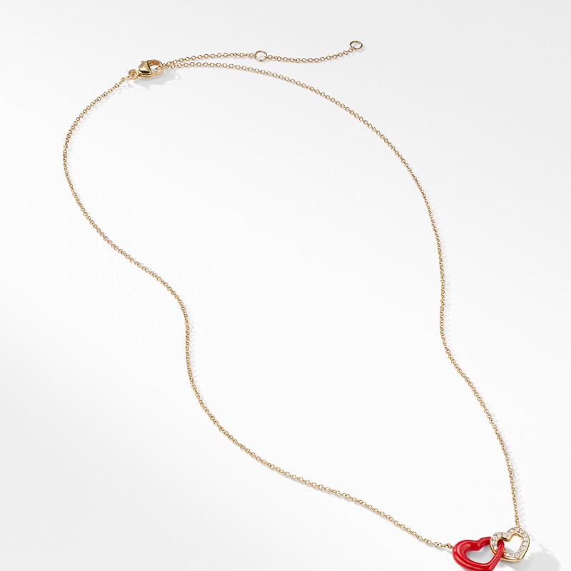 Double Heart Pendant Necklace with Diamonds, Red Enamel and 18K Gold