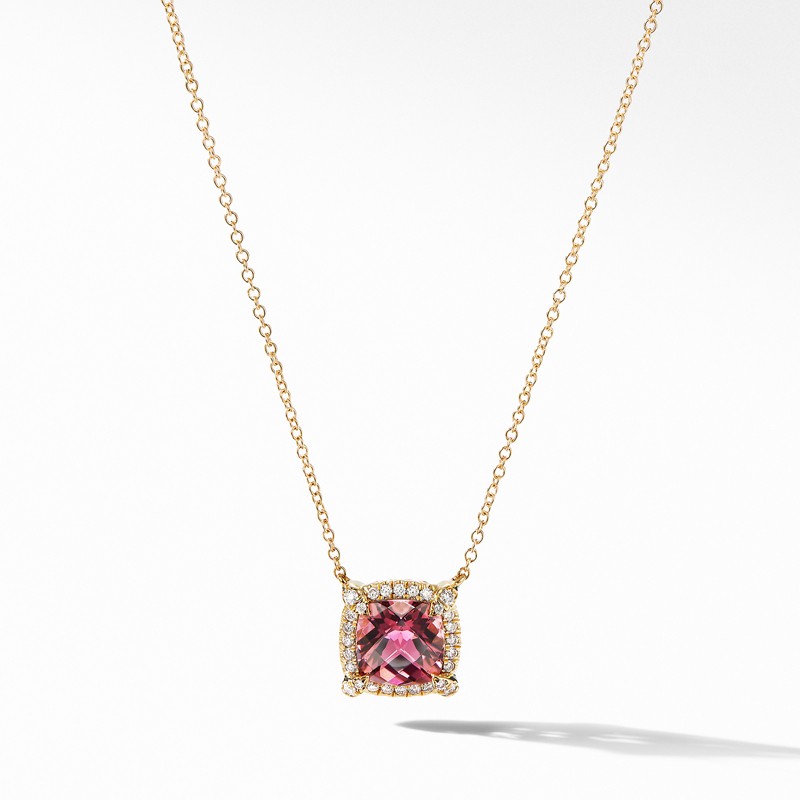 Petite Chatelaine® Pavé Bezel Pendant Necklace in 18K Yellow Gold with Pink Tourmaline