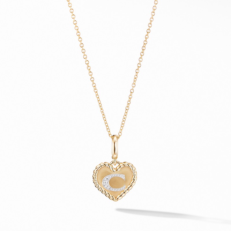 Initial Heart Charm Necklace in 18K Yellow Gold with Pavé Diamonds