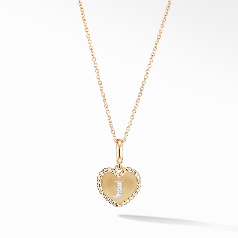 Initial Heart Charm Necklace in 18K Yellow Gold with Pavé Diamonds
