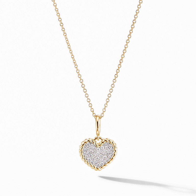 Cable Collectibles® Pavé Plate Heart Charm Necklace in 18K Yellow Gold