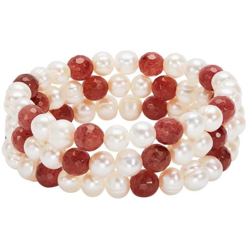 Set of Three Stretch Bracelets with Pearls and Burnt Umber Beads