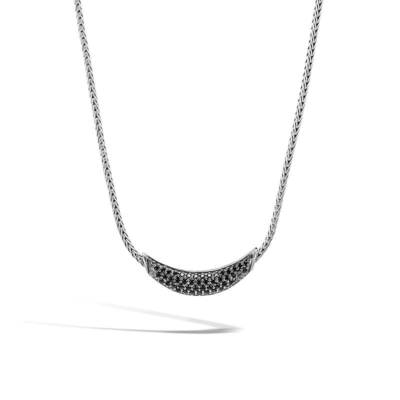 Classic Chain Arch Silver Necklace with Black Sapphire and Black Spinel