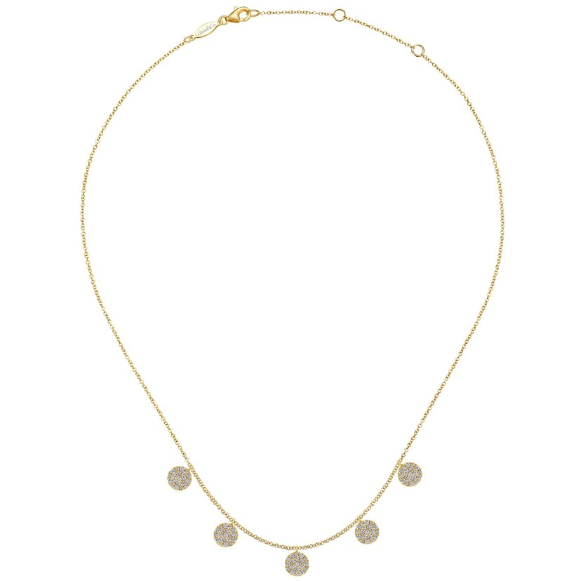 18k Yellow Gold Necklace with 5 Flat Discs with Diamonds