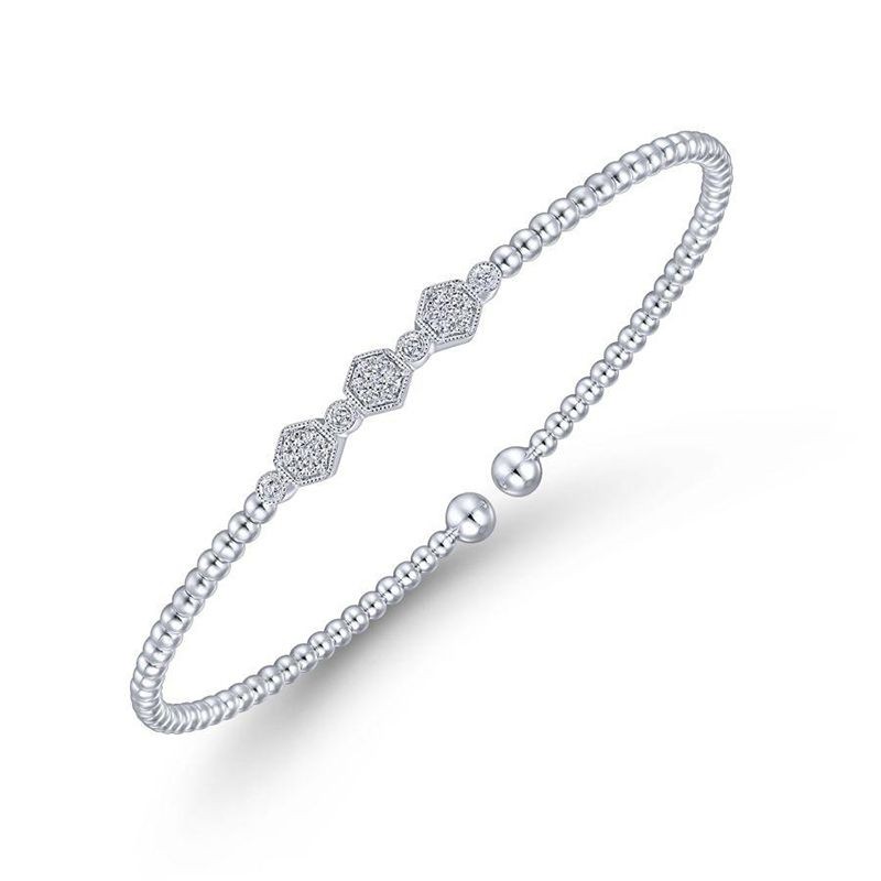 White Gold Bujukan Bead Cuff Bracelet with Cluster Diamond Hexagon Stations