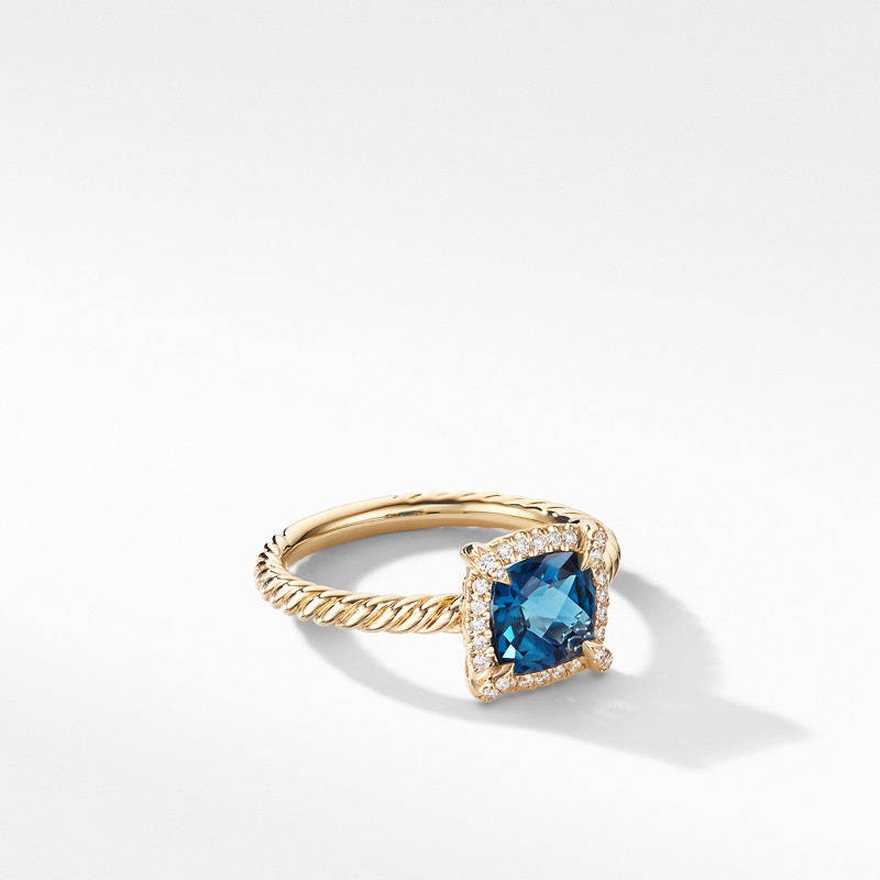 Petite Chatelaine® Pavé Bezel Ring in 18K Yellow Gold with Hampton Blue Topaz