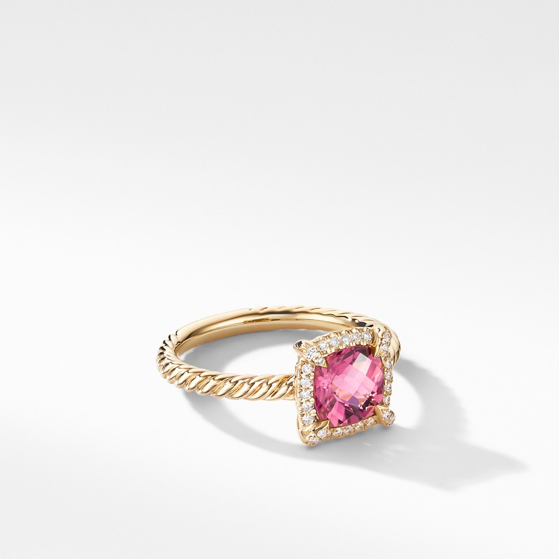 Petite Chatelaine Pave Bezel Ring in 18K Yellow Gold with Pink Tourmaline