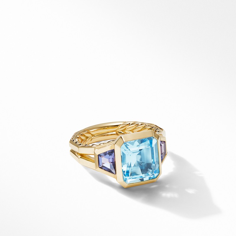 Novella Three Stone Ring in 18K Yellow Gold with Blue Topaz and Tanzanite