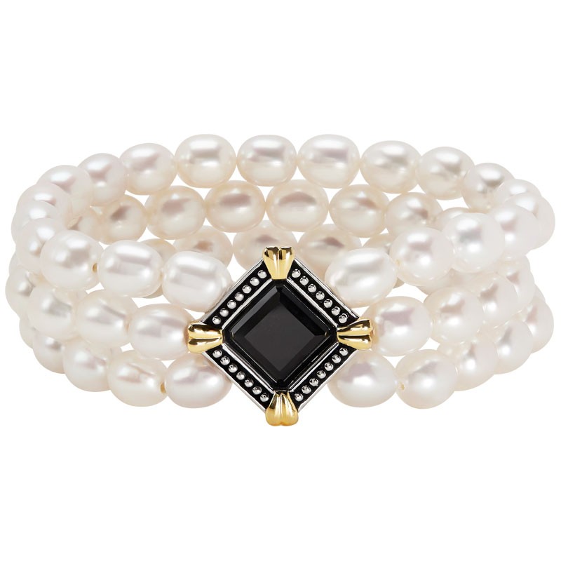 Three Row Fresh Water Pearl Bracelet with Square Onyx