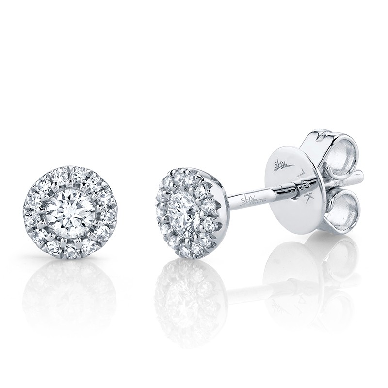 White Gold and Diamond Round Cluster Stud Earrings