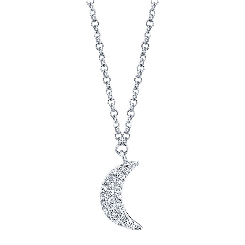White Gold and Diamond Crescent Moon Dangle Necklace 