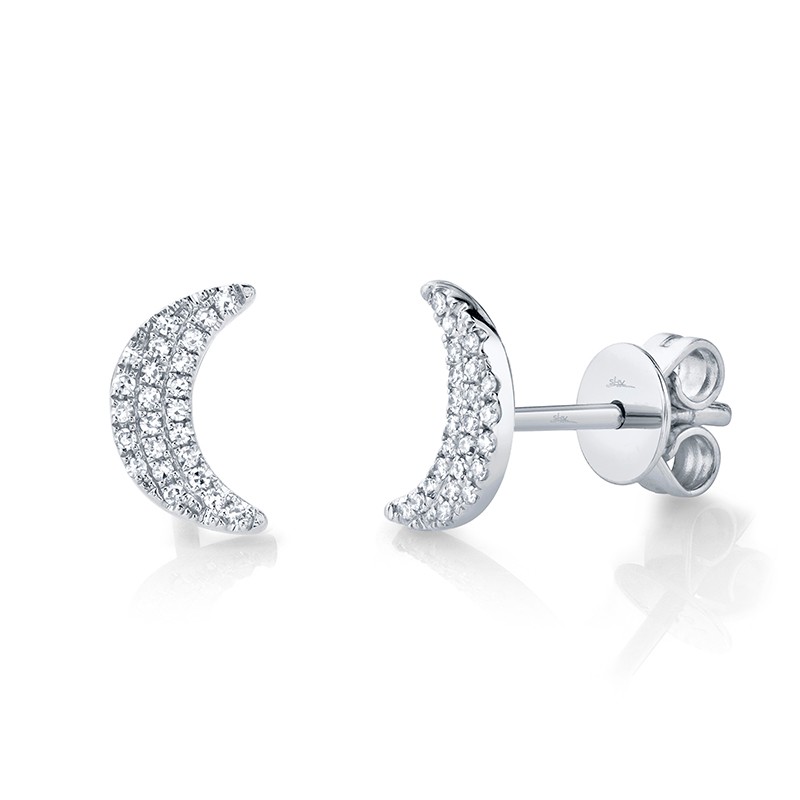 White Gold and Diamond Crescent Moon Stud Earrings