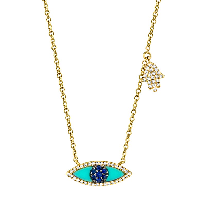 Yellow Gold Diamond and Sapphire Evil Eye Necklace